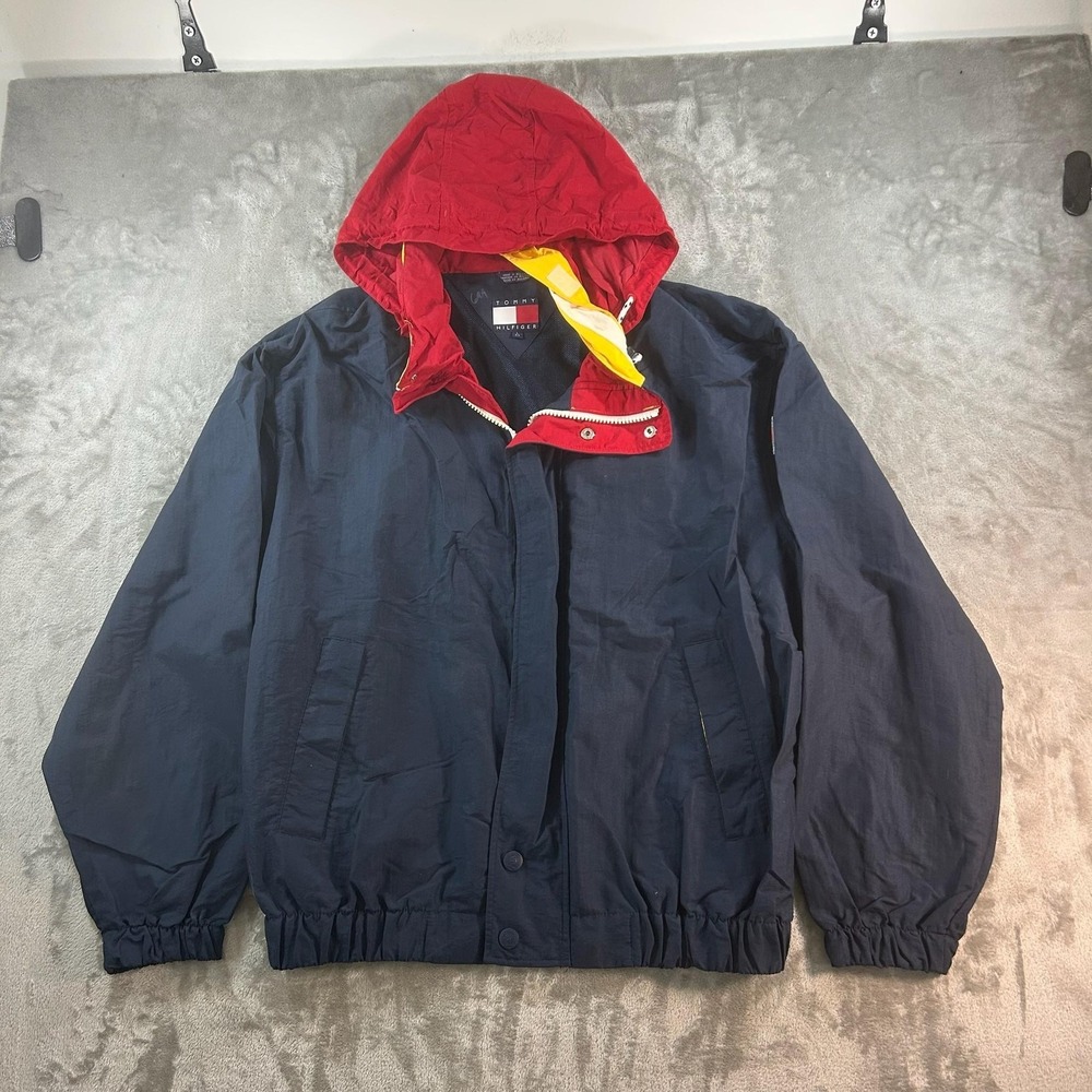 Vintage Tommy Hilfiger Jacket Mens Large Blue Hooded Windbreaker Logo 90s Navy